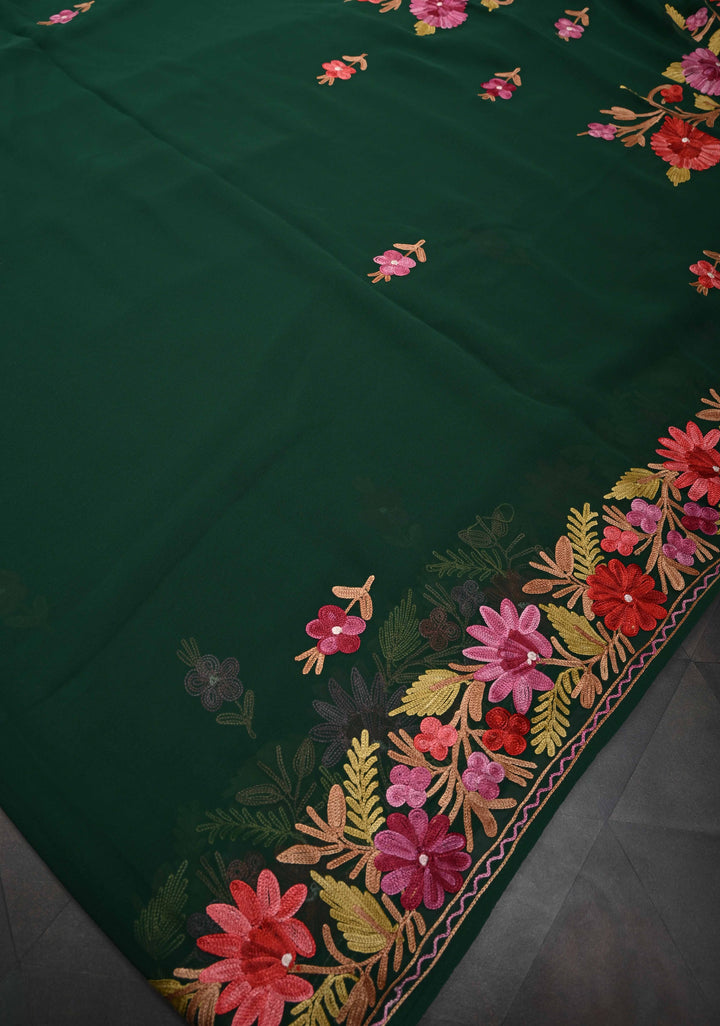 Bottle Green Kashmiri Aari Georgette Saree with Floral Embroidery