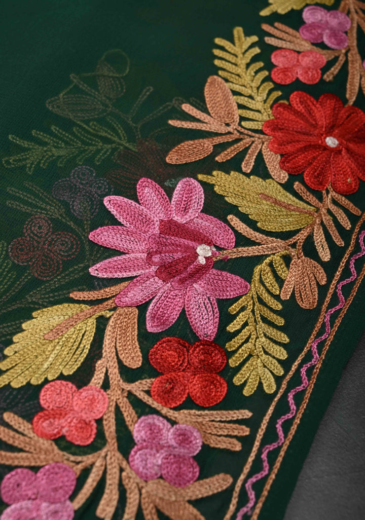 Bottle Green Kashmiri Aari Georgette Saree with Floral Embroidery