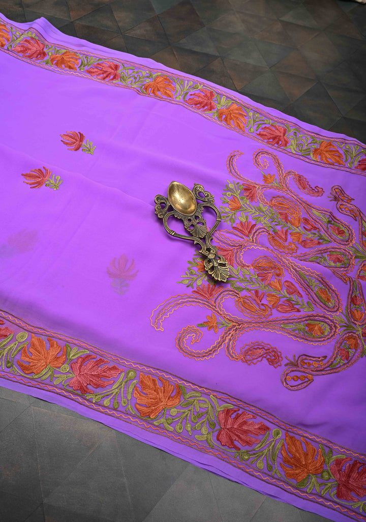 Lilac Kashmiri Aari Georgette Saree with Floral Embroidery