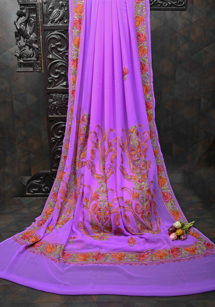 Lilac Kashmiri Aari Georgette Saree with Floral Embroidery