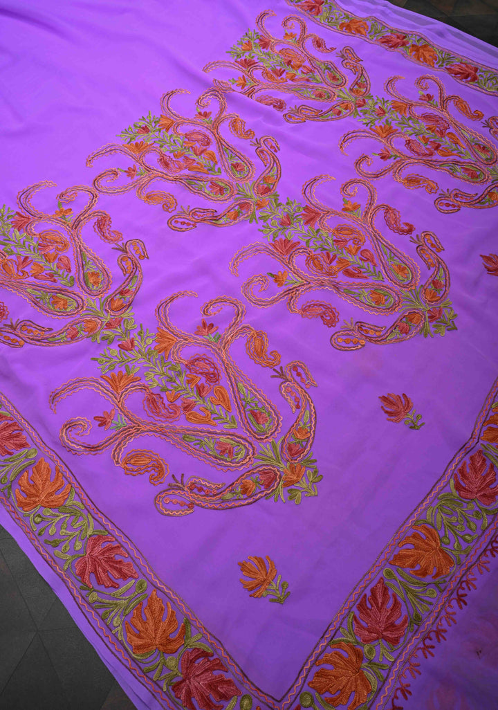Lilac Kashmiri Aari Georgette Saree with Floral Embroidery