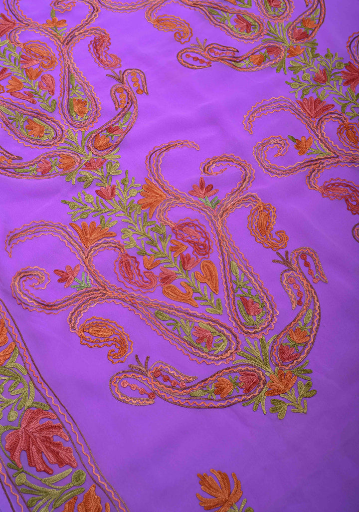 Lilac Kashmiri Aari Georgette Saree with Floral Embroidery