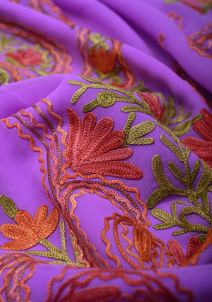 Lilac Kashmiri Aari Georgette Saree with Floral Embroidery