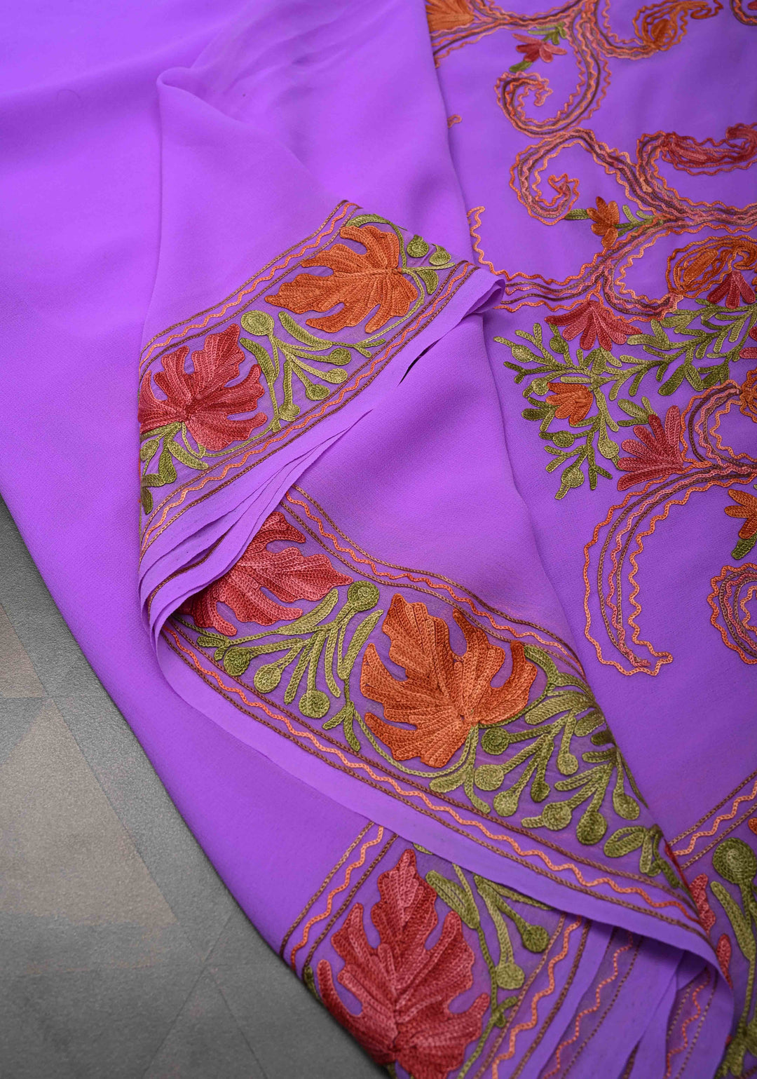 Lilac Kashmiri Aari Georgette Saree with Floral Embroidery