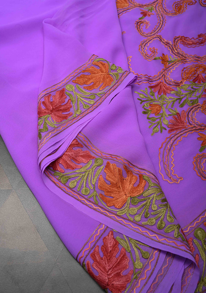 Lilac Kashmiri Aari Georgette Saree with Floral Embroidery