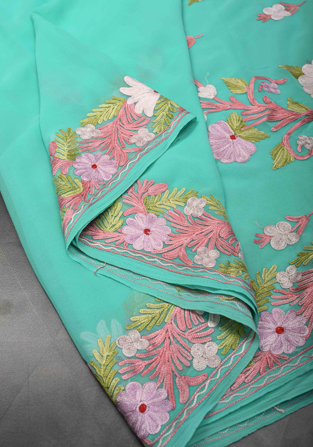 Turquoise Blue Kashmiri Aari Georgette Saree with Floral Embroidery