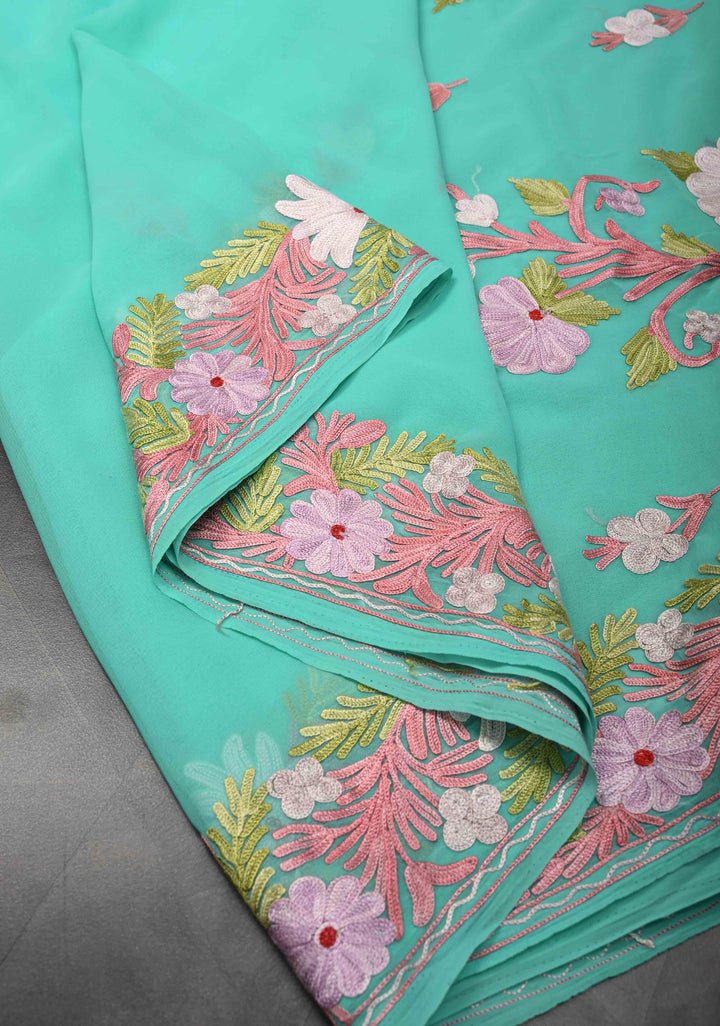 Turquoise Blue Kashmiri Aari Georgette Saree with Floral Embroidery