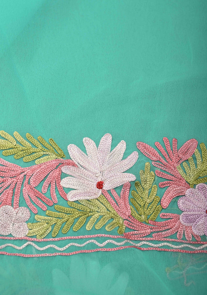 Turquoise Blue Kashmiri Aari Georgette Saree with Floral Embroidery