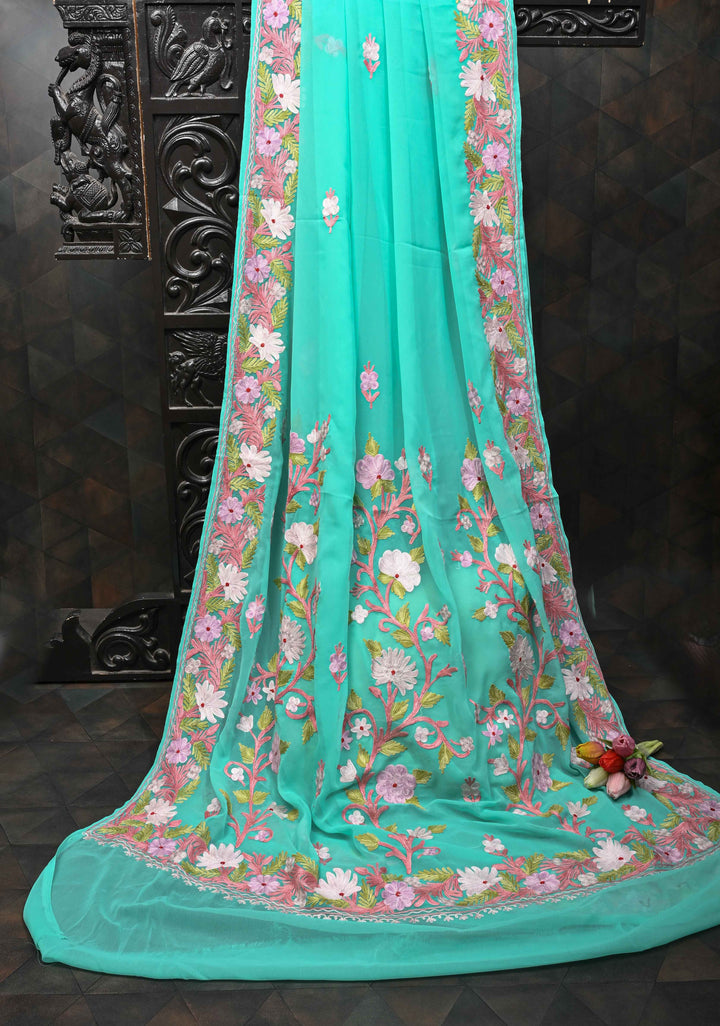 Turquoise Blue Kashmiri Aari Georgette Saree with Floral Embroidery