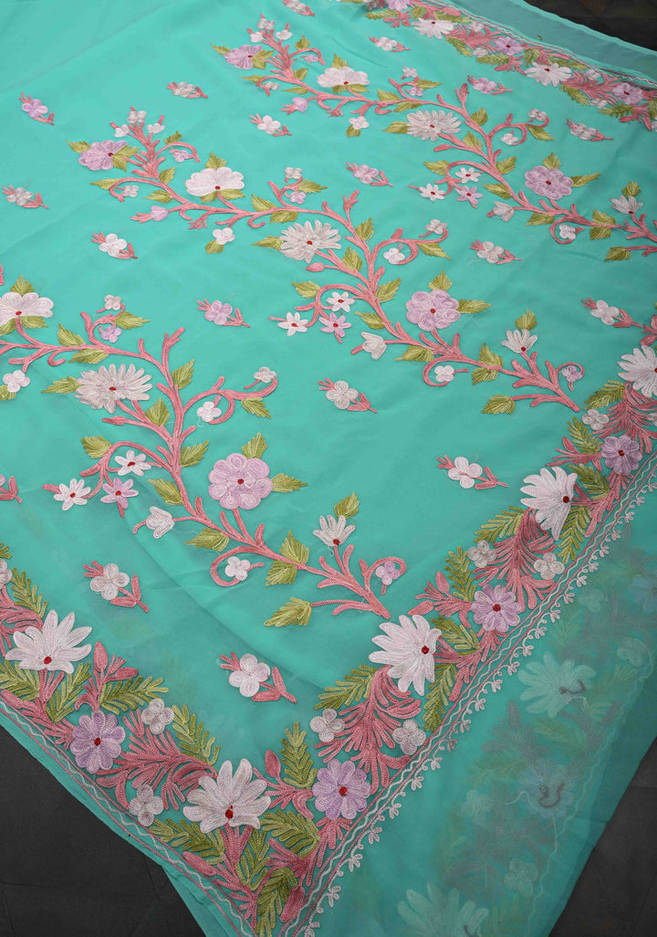 Turquoise Blue Kashmiri Aari Georgette Saree with Floral Embroidery