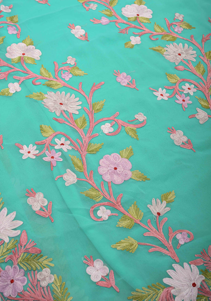 Turquoise Blue Kashmiri Aari Georgette Saree with Floral Embroidery