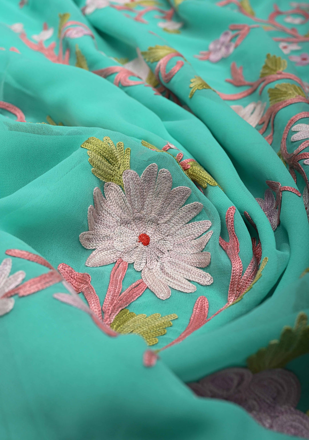 Turquoise Blue Kashmiri Aari Georgette Saree with Floral Embroidery
