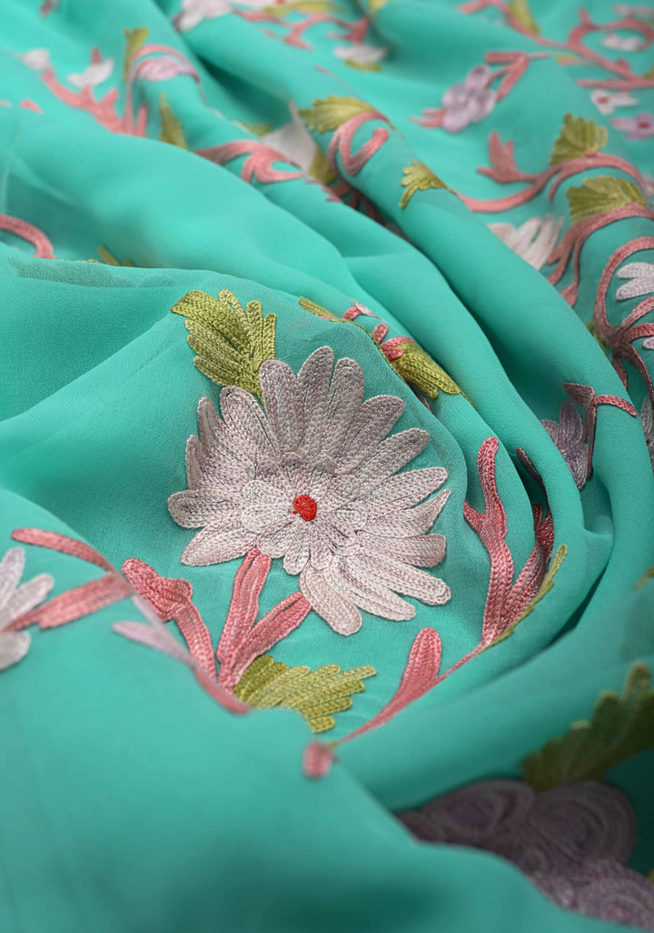Turquoise Blue Kashmiri Aari Georgette Saree with Floral Embroidery