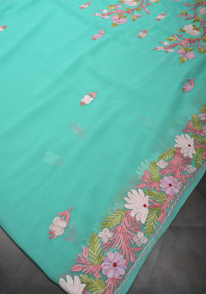 Turquoise Blue Kashmiri Aari Georgette Saree with Floral Embroidery