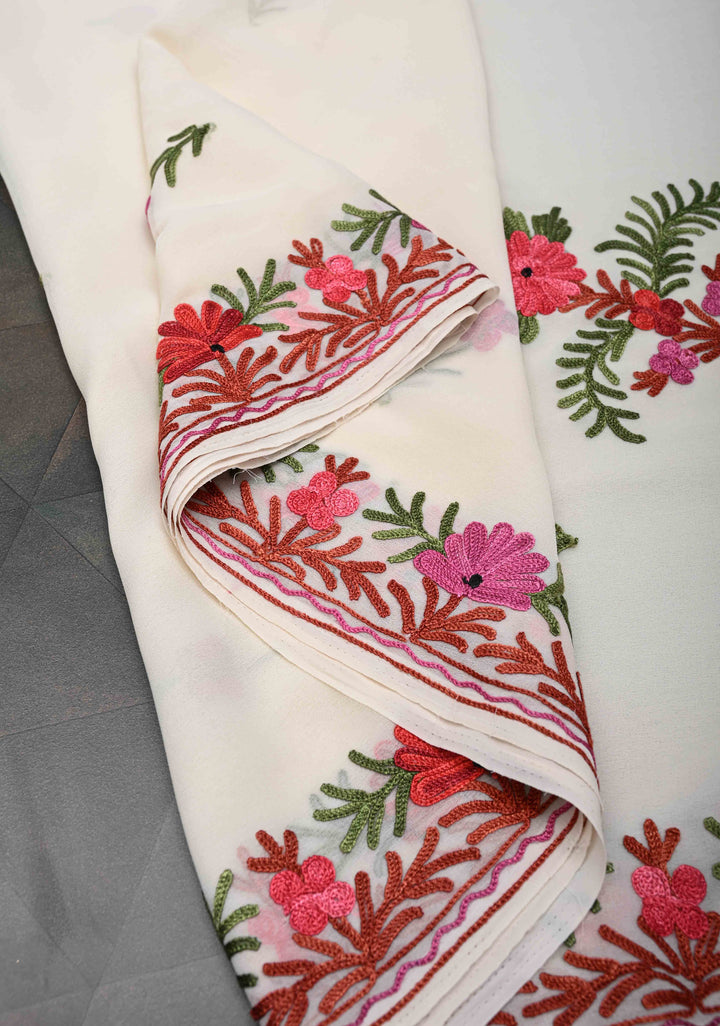 Off-White Kashmiri Aari Georgette Saree with Floral Embroidery