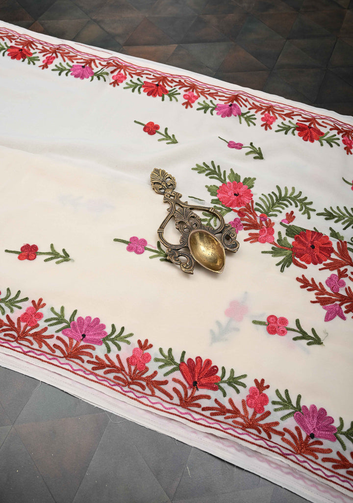 Off-White Kashmiri Aari Georgette Saree with Floral Embroidery