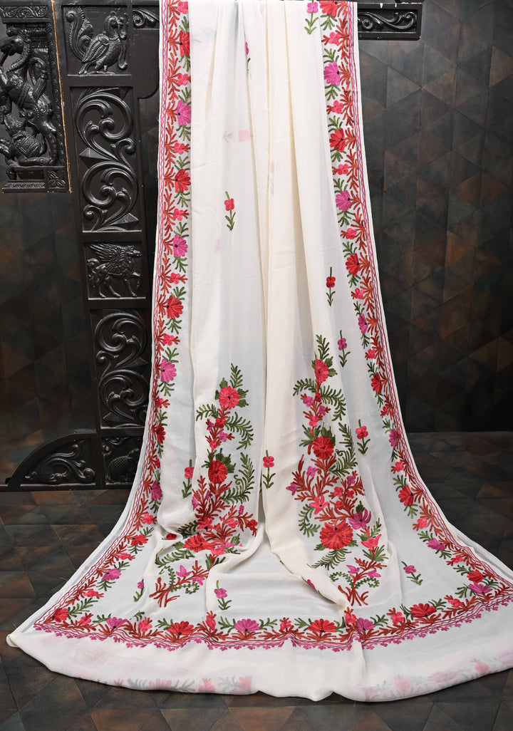 Off-White Kashmiri Aari Georgette Saree with Floral Embroidery