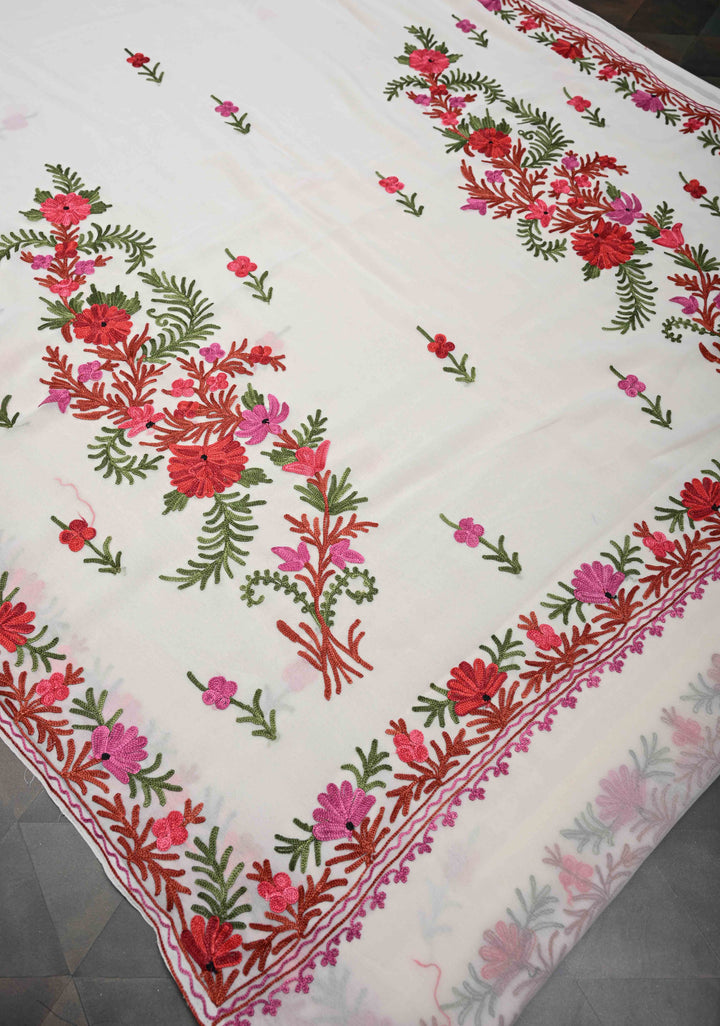Off-White Kashmiri Aari Georgette Saree with Floral Embroidery