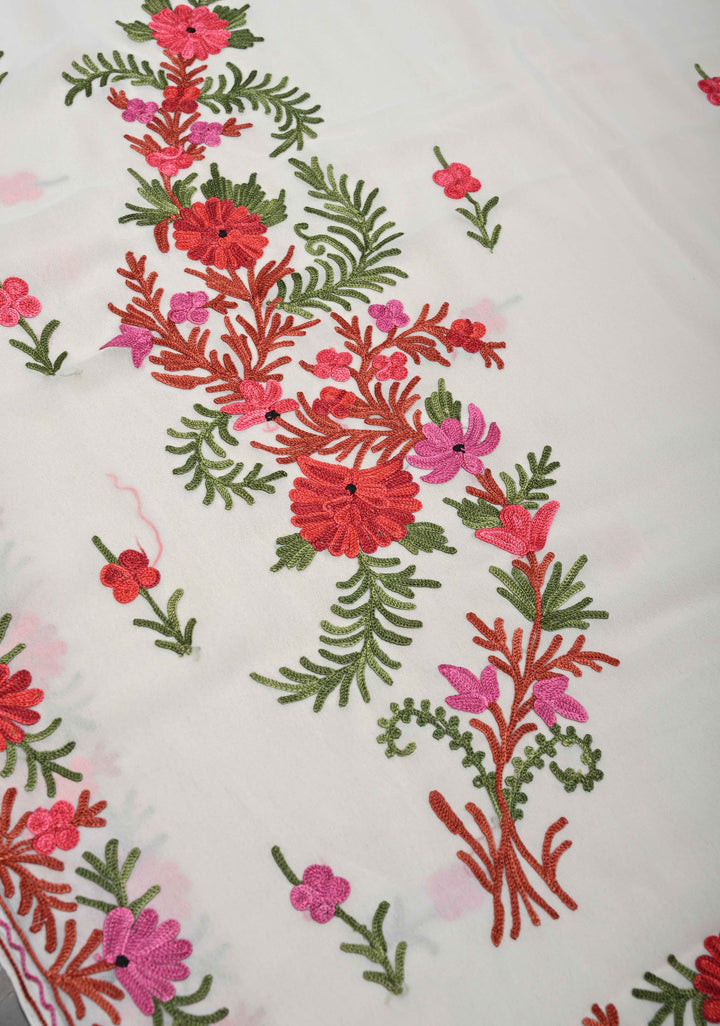 Off-White Kashmiri Aari Georgette Saree with Floral Embroidery