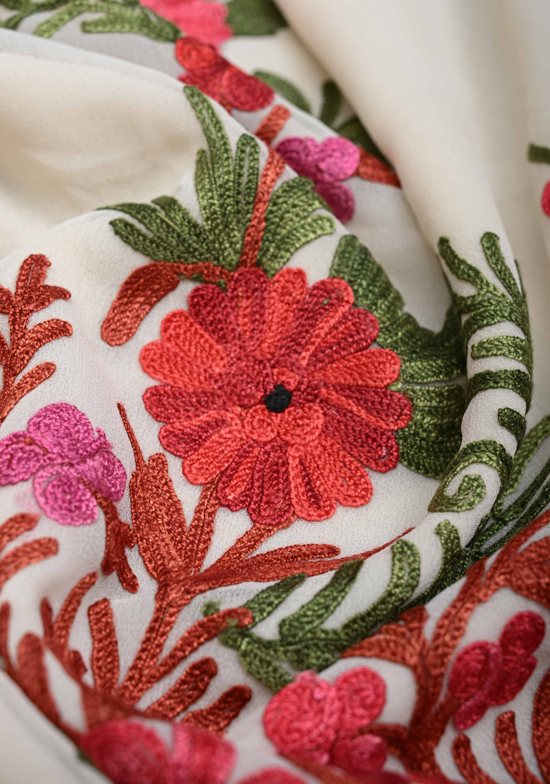 Off-White Kashmiri Aari Georgette Saree with Floral Embroidery