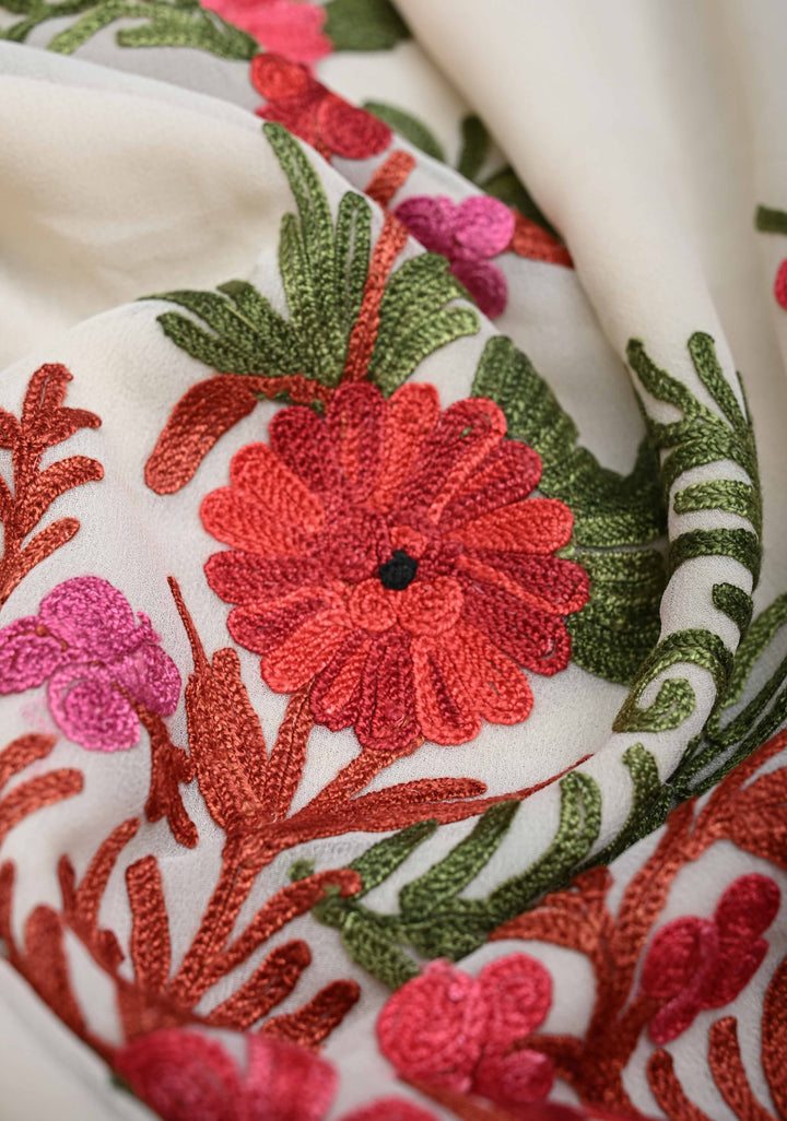 Off-White Kashmiri Aari Georgette Saree with Floral Embroidery