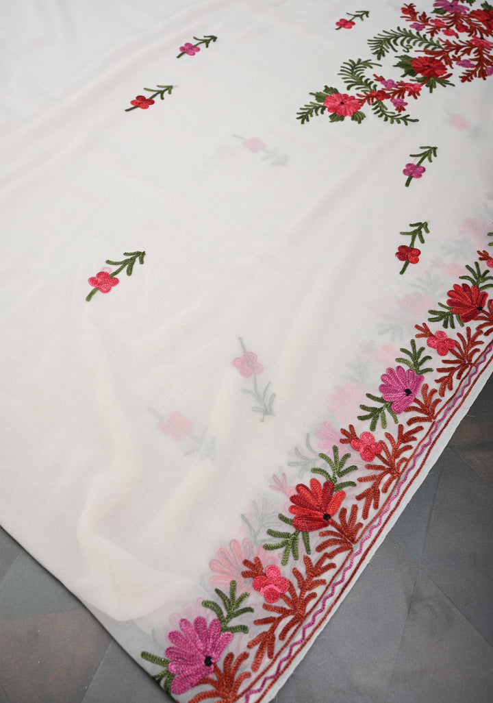 Off-White Kashmiri Aari Georgette Saree with Floral Embroidery