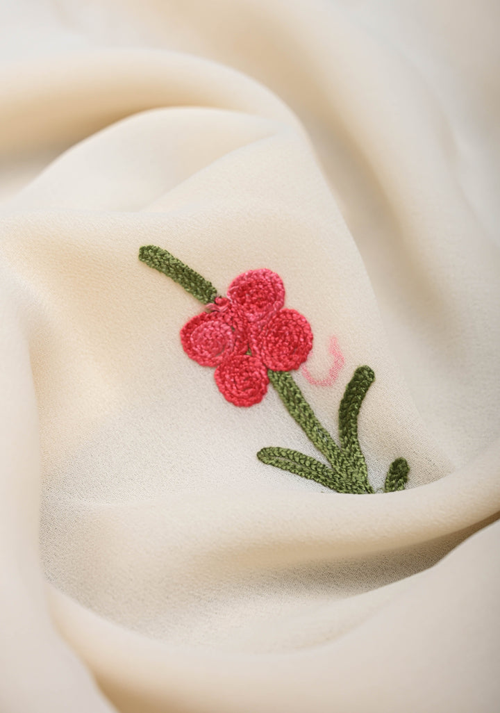Off-White Kashmiri Aari Georgette Saree with Floral Embroidery