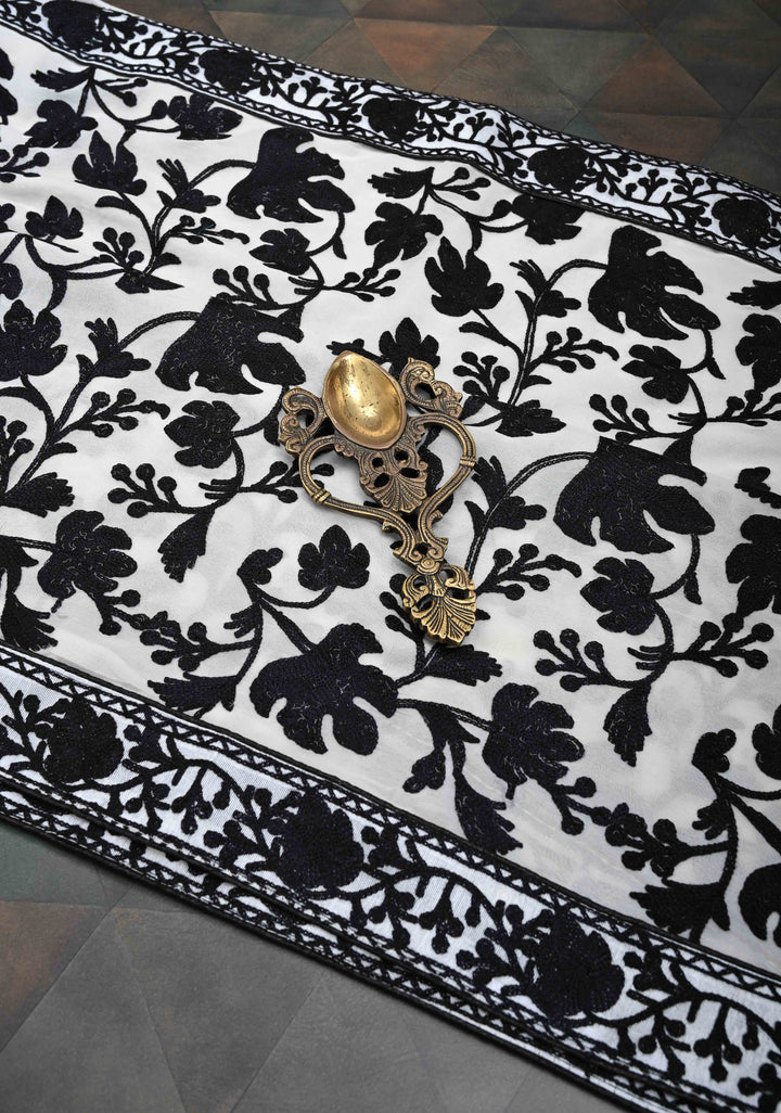 Half Jaal Kashmiri Aari Embroidered Floral Saree in White Georgette