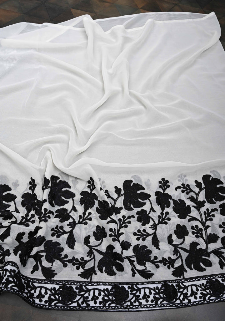 Half Jaal Kashmiri Aari Embroidered Floral Saree in White Georgette