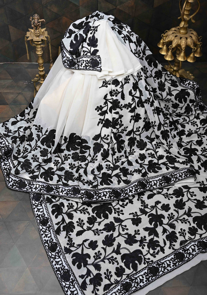 Half Jaal Kashmiri Aari Embroidered Floral Saree in White Georgette