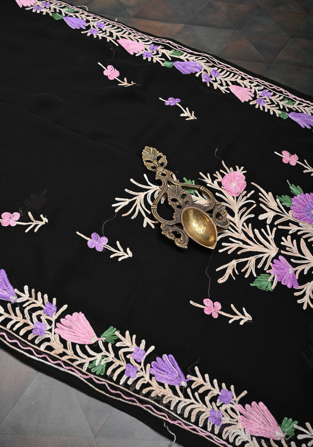 Black Kashmiri Aari Georgette Saree with Floral Embroidery
