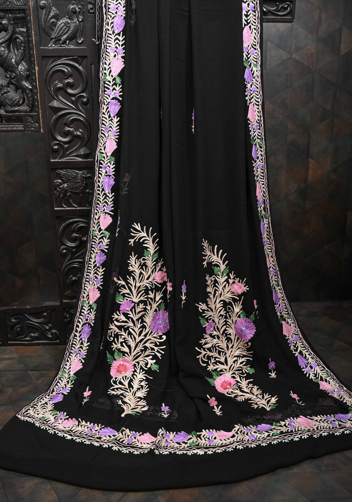 Black Kashmiri Aari Georgette Saree with Floral Embroidery