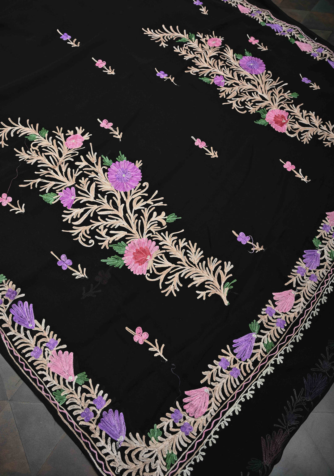 Black Kashmiri Aari Georgette Saree with Floral Embroidery