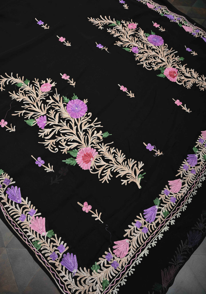 Black Kashmiri Aari Georgette Saree with Floral Embroidery
