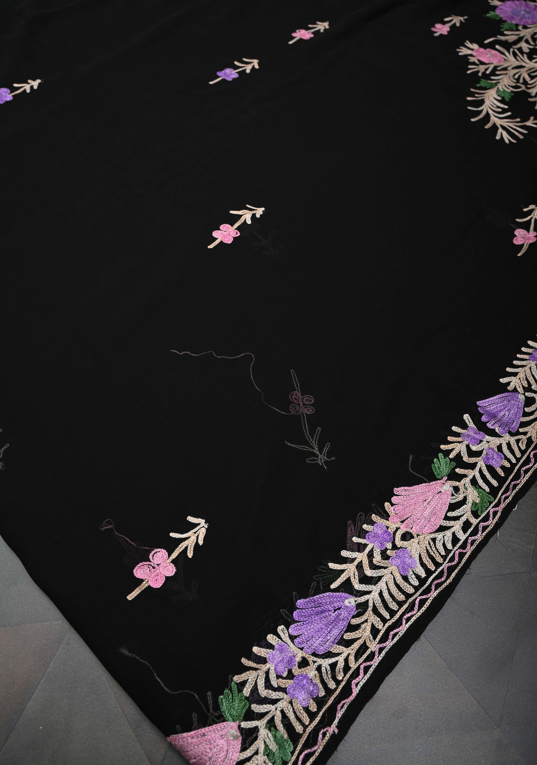 Black Kashmiri Aari Georgette Saree with Floral Embroidery