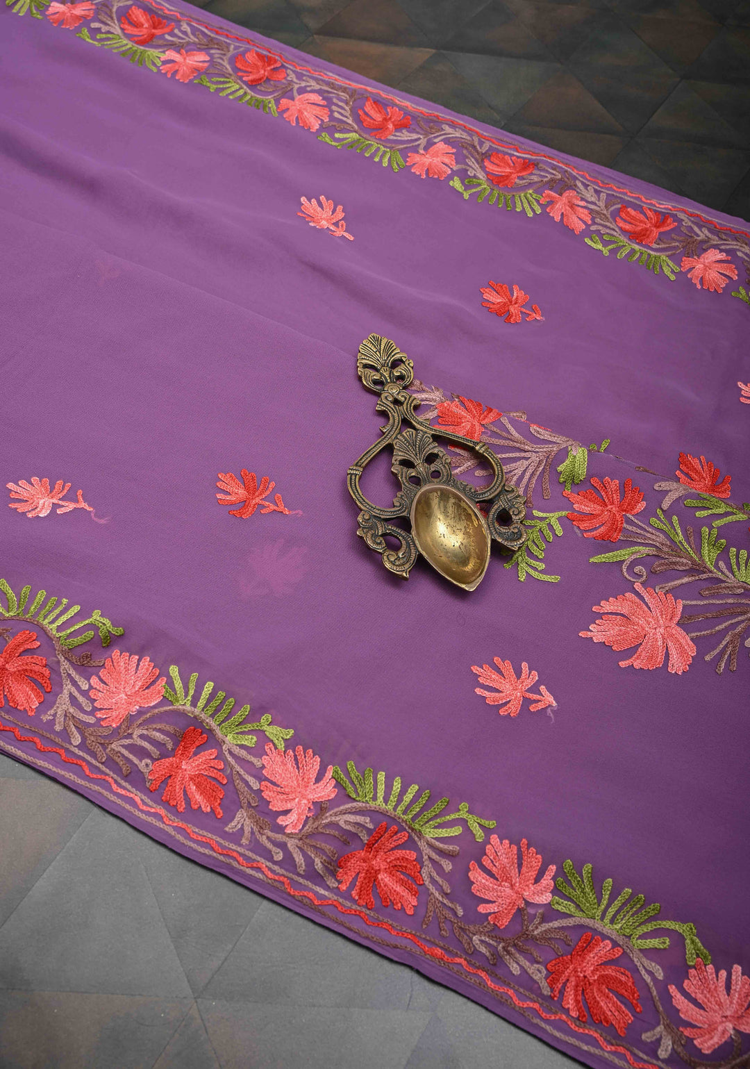 Dusty Purple Kashmiri Aari Georgette Saree with Floral Embroidery