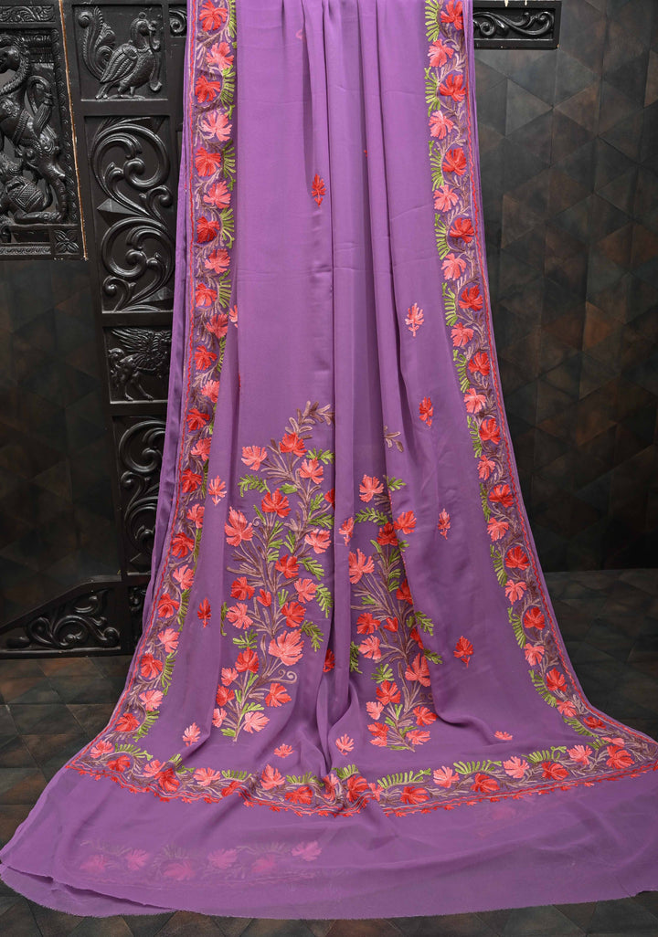 Dusty Purple Kashmiri Aari Georgette Saree with Floral Embroidery