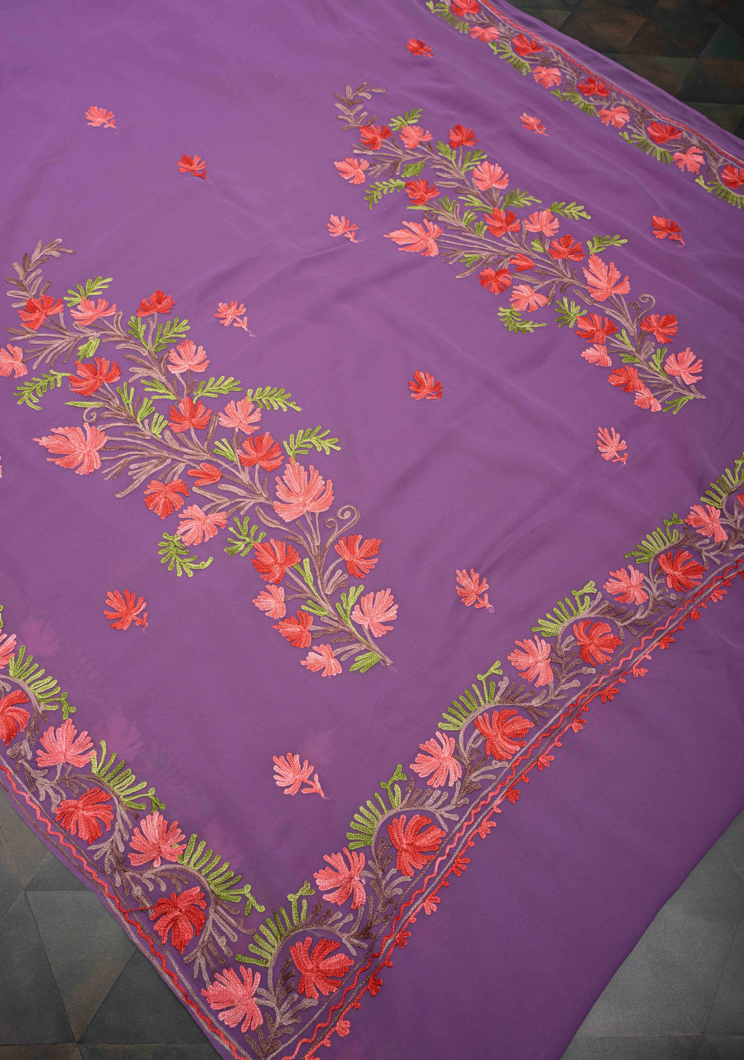 Dusty Purple Kashmiri Aari Georgette Saree with Floral Embroidery