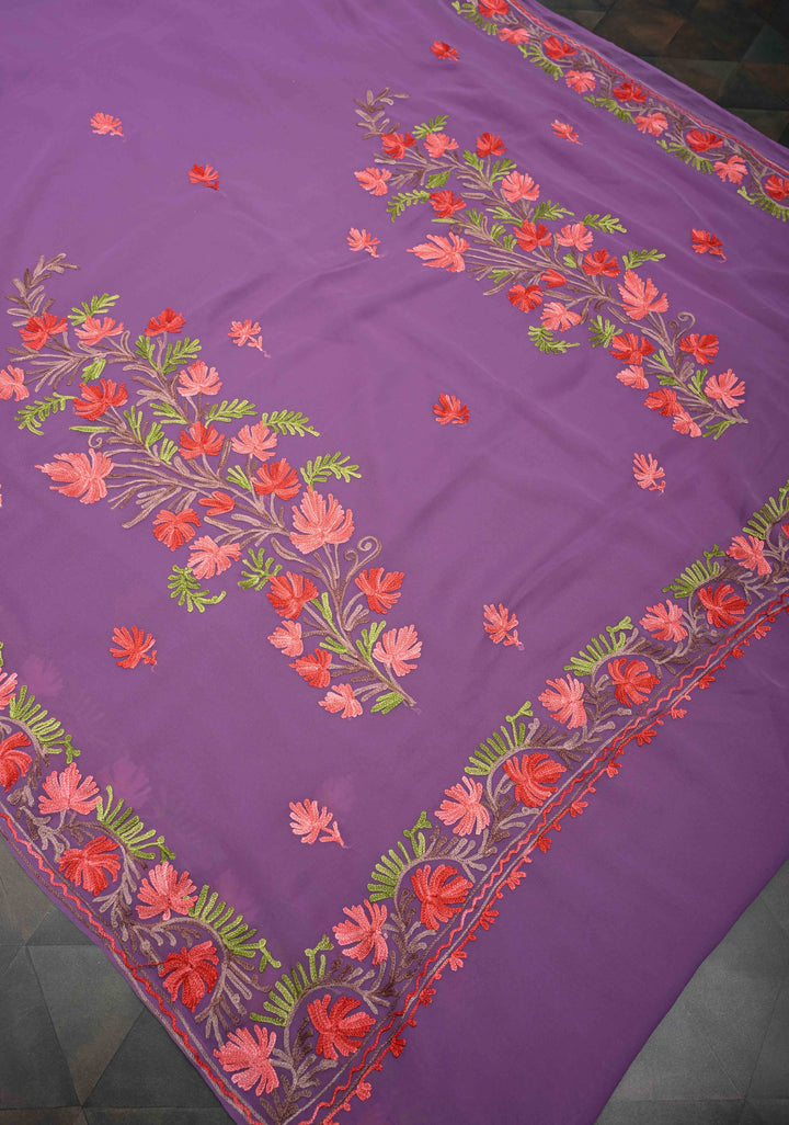 Dusty Purple Kashmiri Aari Georgette Saree with Floral Embroidery