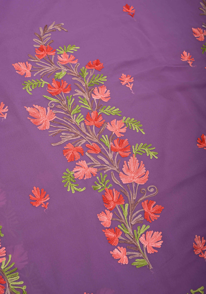 Dusty Purple Kashmiri Aari Georgette Saree with Floral Embroidery