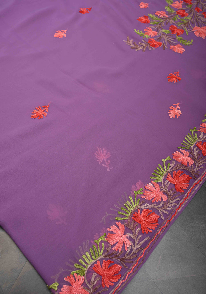 Dusty Purple Kashmiri Aari Georgette Saree with Floral Embroidery