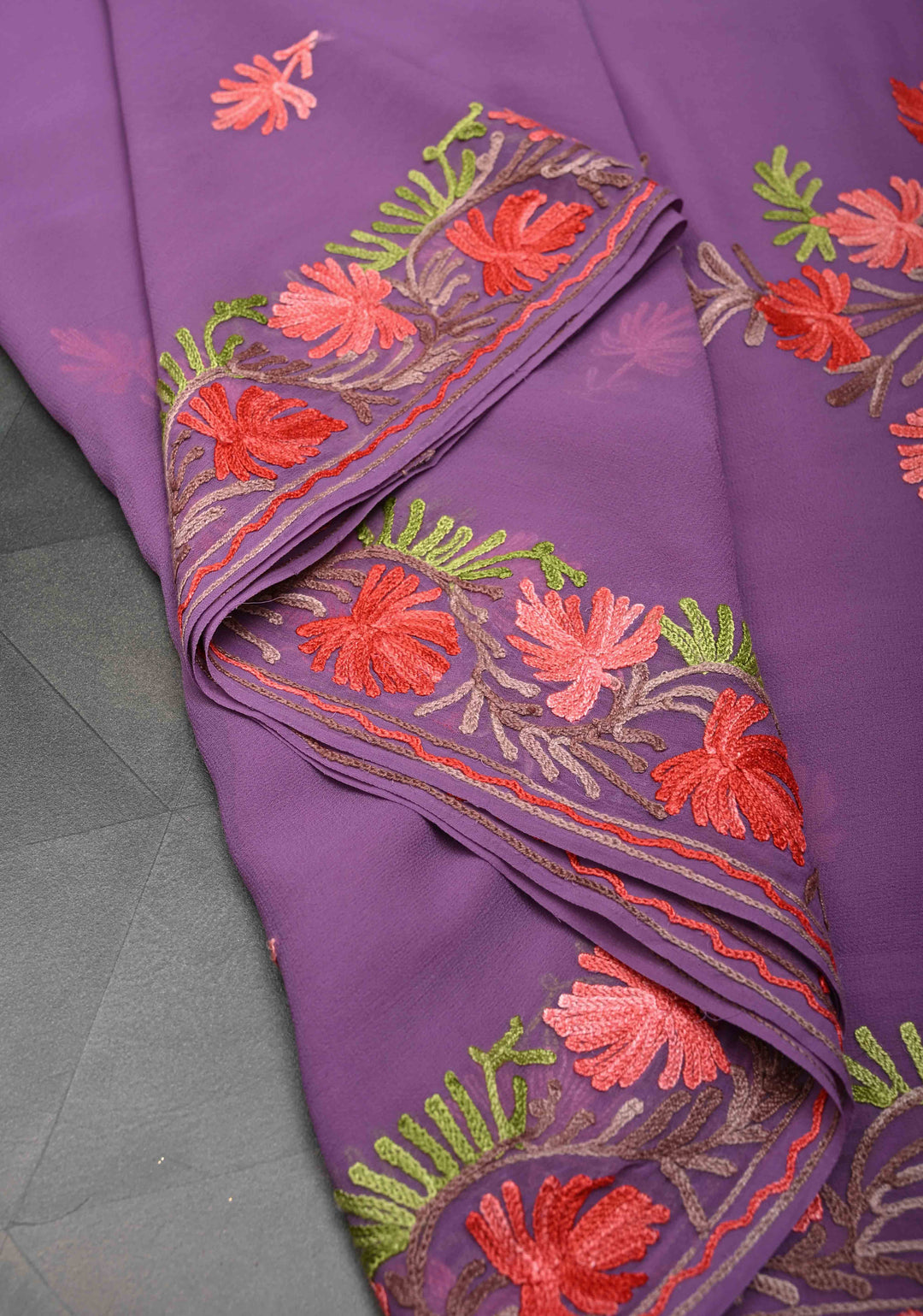 Dusty Purple Kashmiri Aari Georgette Saree with Floral Embroidery