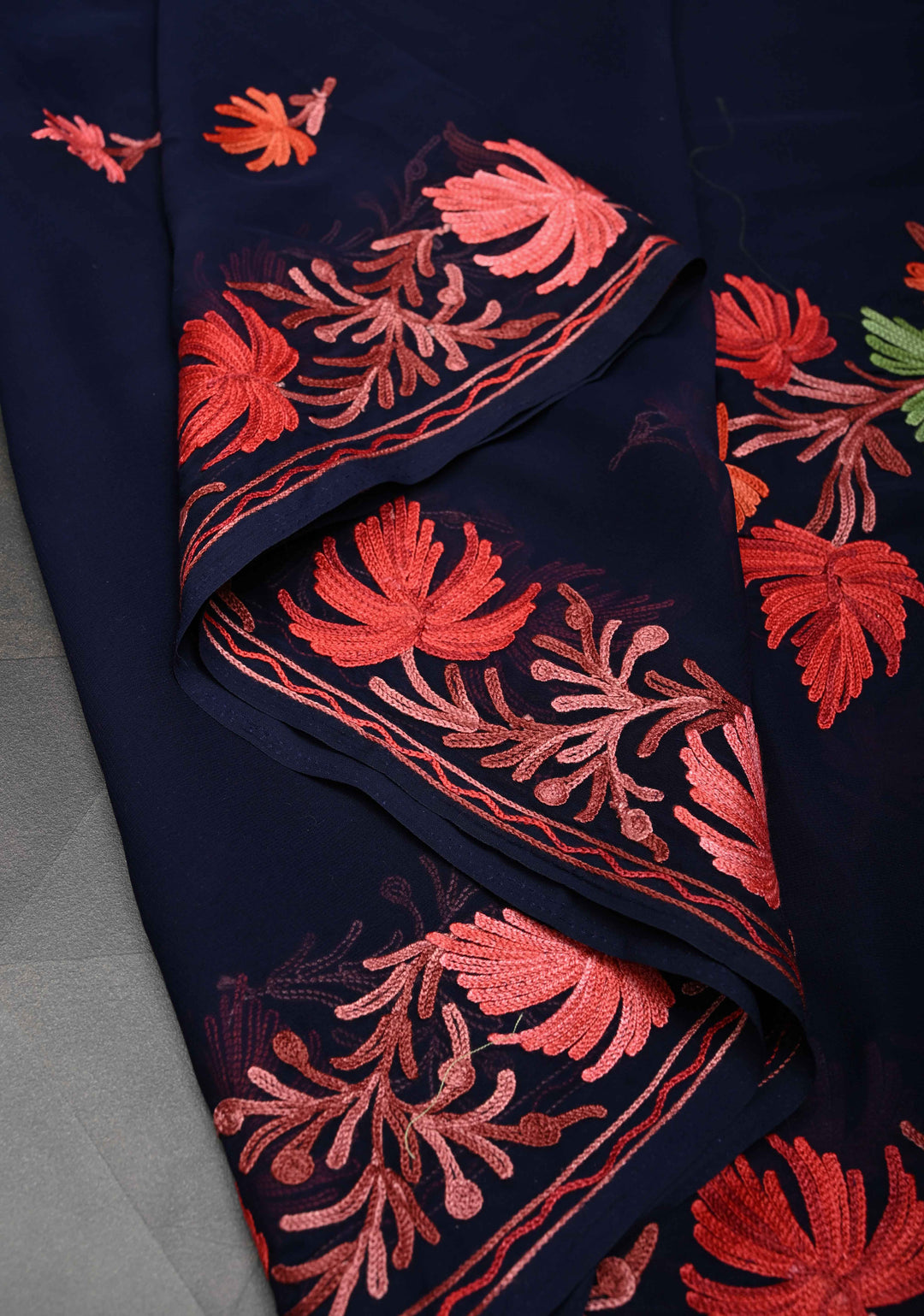 Midnight Blue Kashmiri Aari Georgette Saree with Floral Embroidery