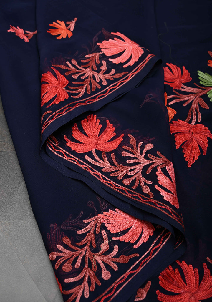 Midnight Blue Kashmiri Aari Georgette Saree with Floral Embroidery