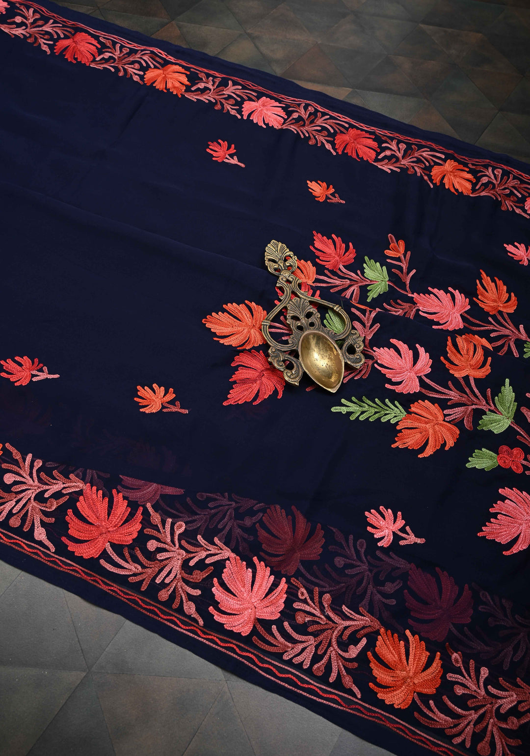 Midnight Blue Kashmiri Aari Georgette Saree with Floral Embroidery