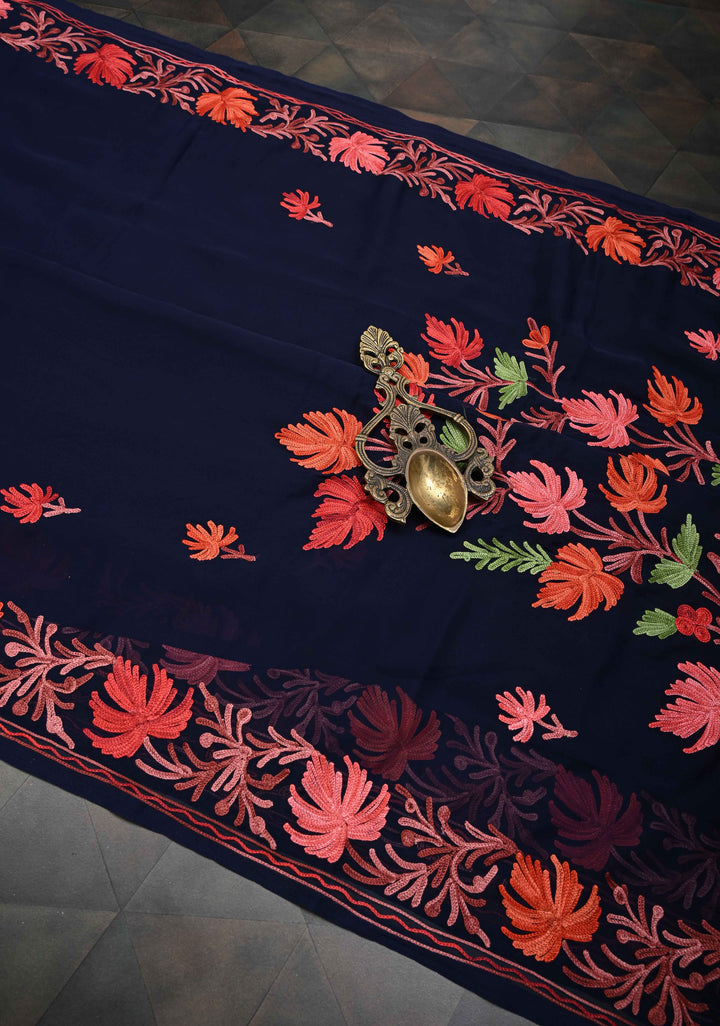 Midnight Blue Kashmiri Aari Georgette Saree with Floral Embroidery