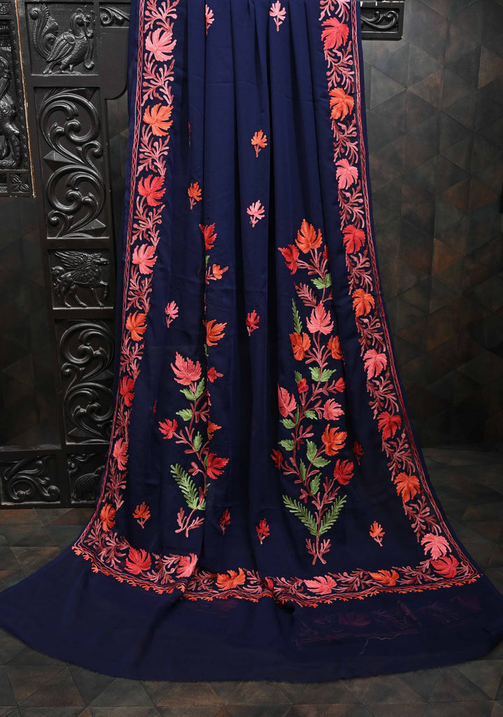 Midnight Blue Kashmiri Aari Georgette Saree with Floral Embroidery