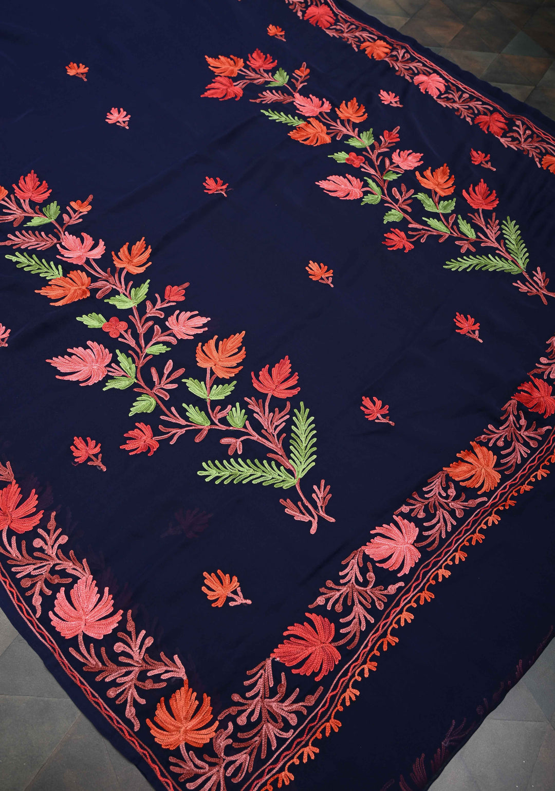 Midnight Blue Kashmiri Aari Georgette Saree with Floral Embroidery