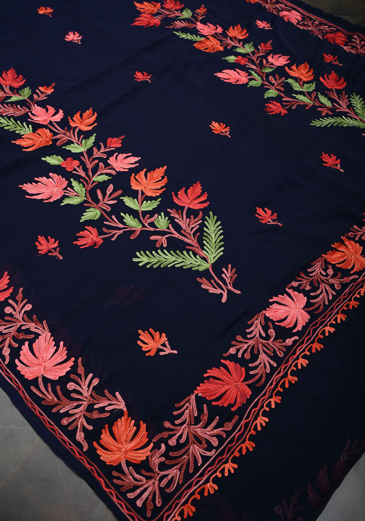 Midnight Blue Kashmiri Aari Georgette Saree with Floral Embroidery