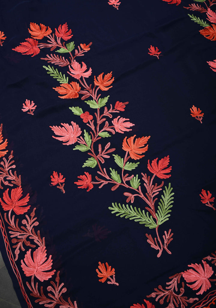 Midnight Blue Kashmiri Aari Georgette Saree with Floral Embroidery